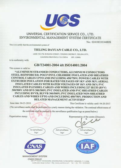 環(huán)境管理體系認(rèn)證證書(shū)（英文）